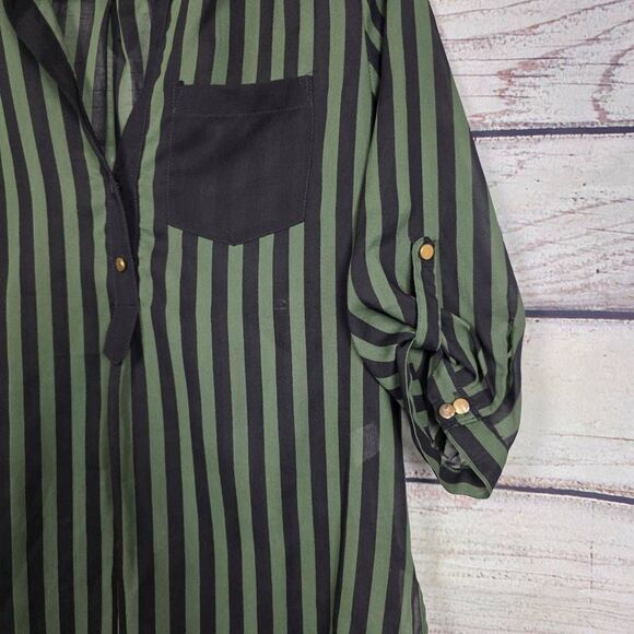 GB Green Black Striped Roll Tab Blouse Sheeer Size L - Picture 2 of 7